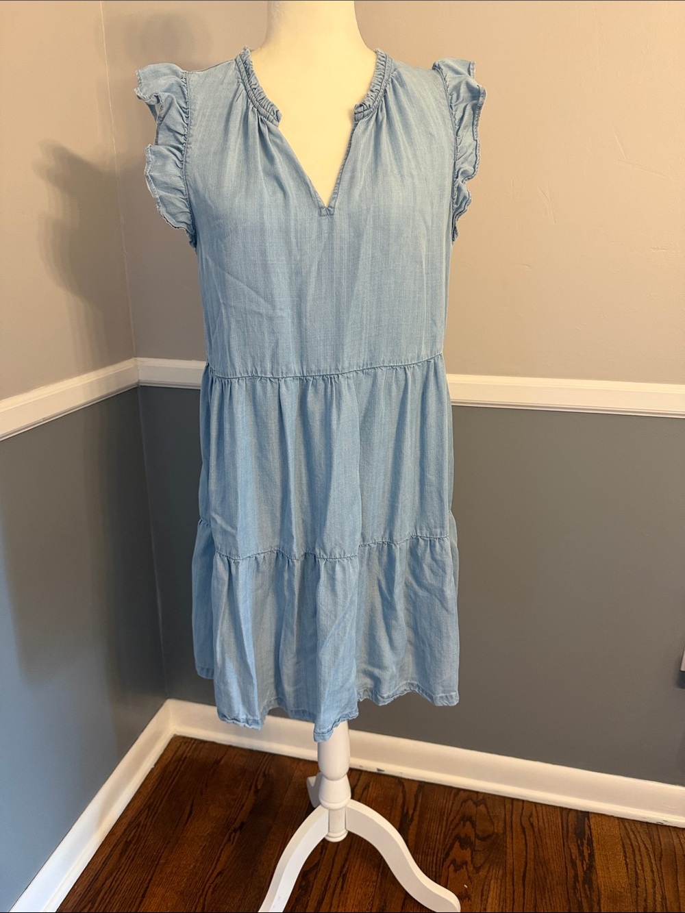 Ann Taylor Light Blue Ruffle Sleeve Tiered Dress